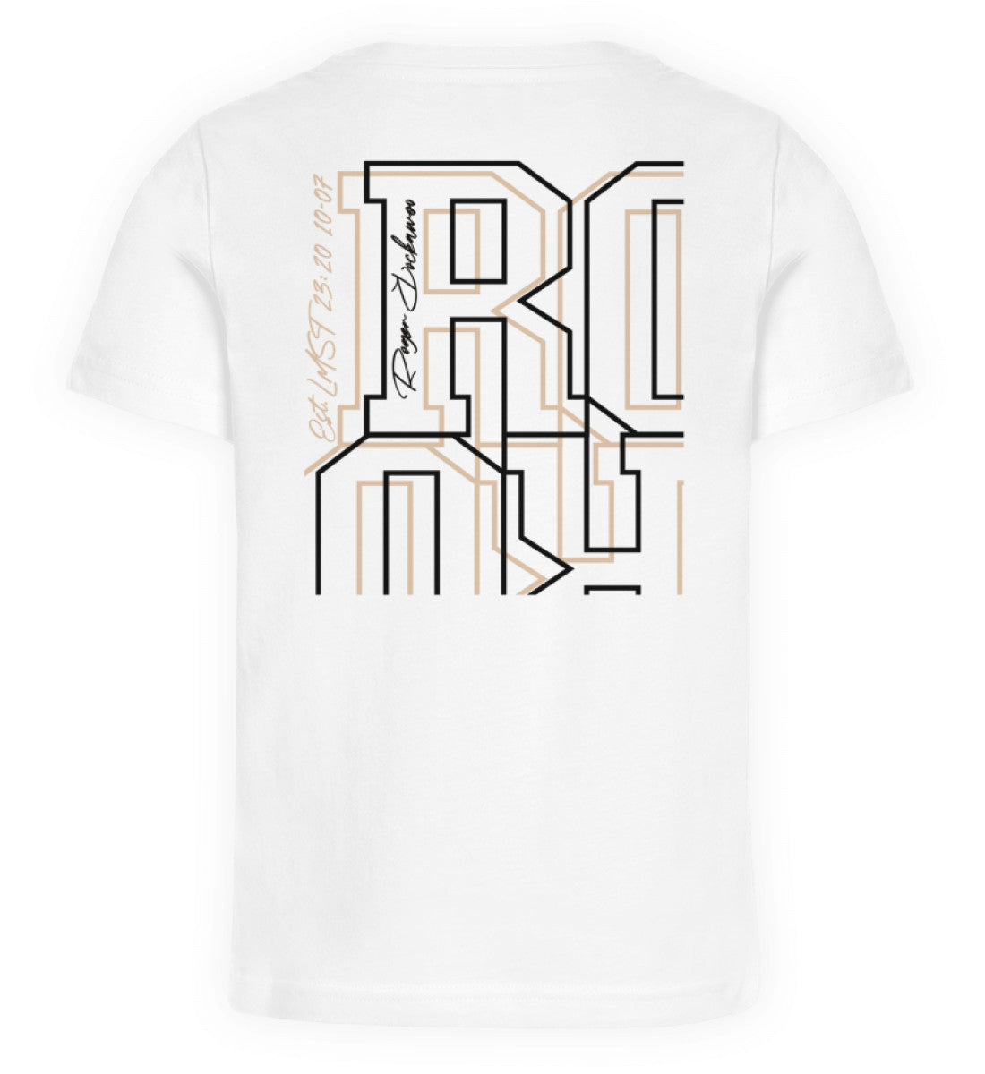 Weißes Kinder T-Shirt für Mädchen und Jungen bedruckt mit dem Design der Roger Rockawoo Kollektion E-Gitarre schwer laut