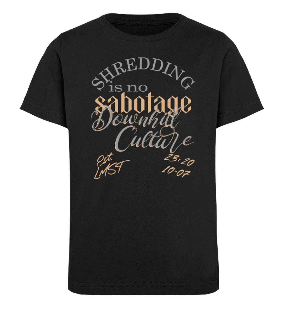 Schwarzes Kinder T-Shirt für Mädchen und Jungen bedruckt mit dem Design der Roger Rockawoo Kollektion Shredding is no sabotage