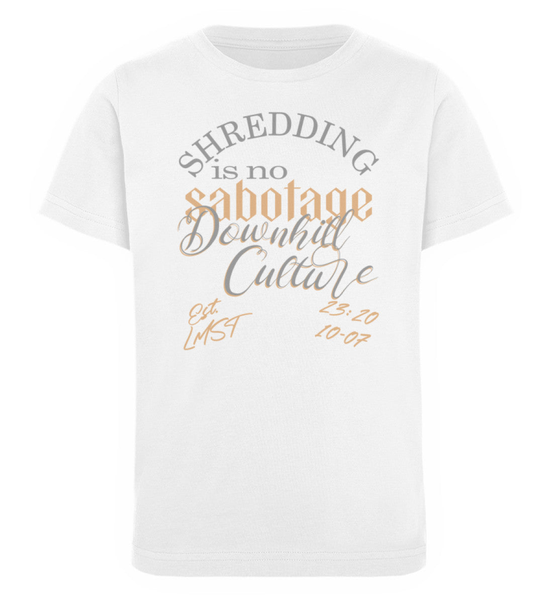Weißes Kinder T-Shirt für Mädchen und Jungen bedruckt mit dem Design der Roger Rockawoo Kollektion Shredding is no sabotage