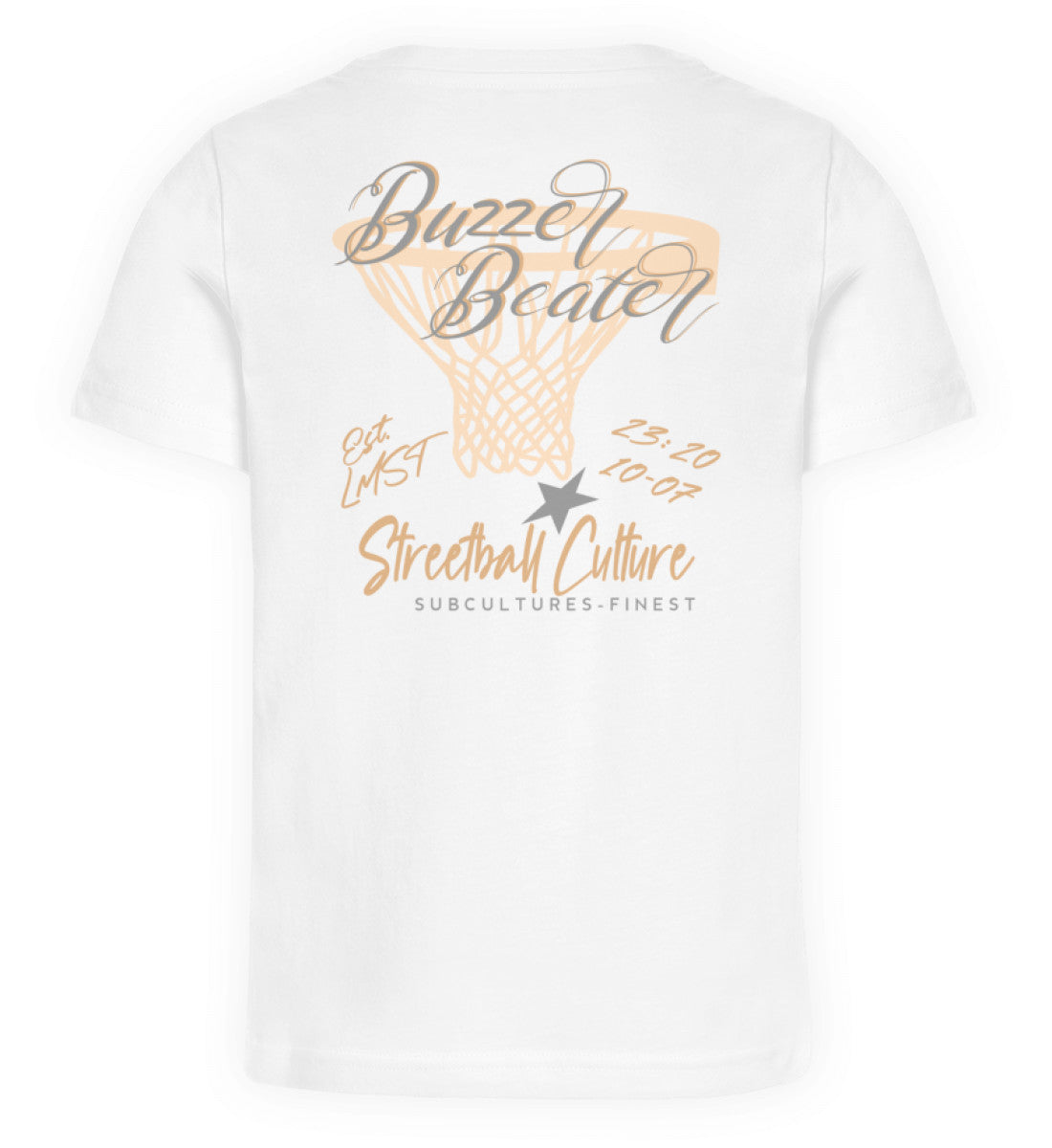 Weißes Kinder T-Shirt für Mädchen und Jungen bedruckt mit dem Design der Roger Rockawoo Kollektion Basketball Streetball Buzzer Beater