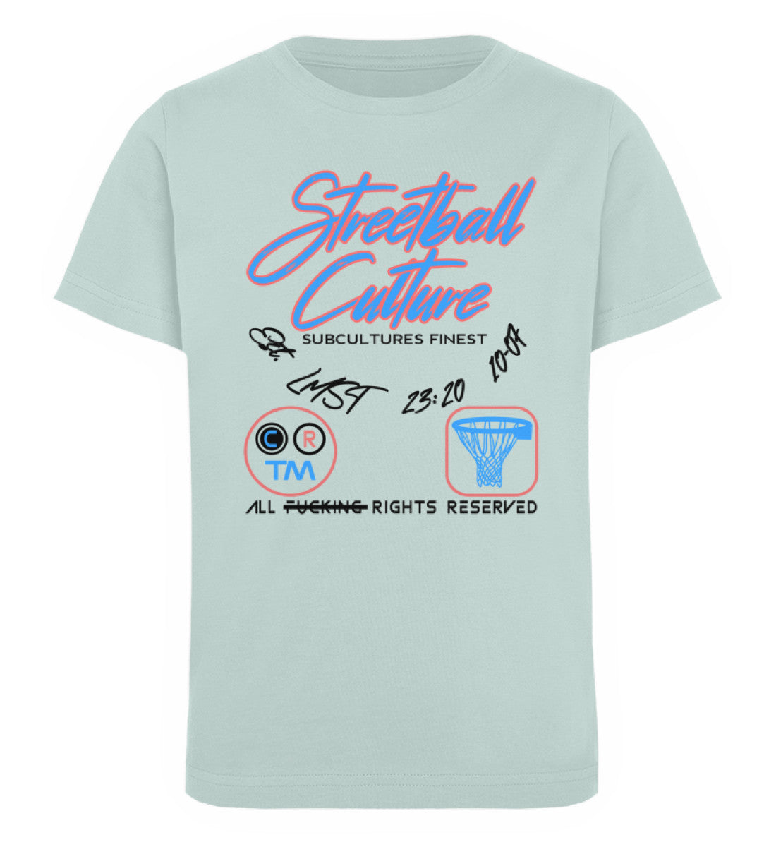 Carribean Blue farbiges Kinder T-Shirt für Mädchen und Jungen bedruckt mit dem Design der Roger Rockawoo Kollektion Basketball Streetball Culture