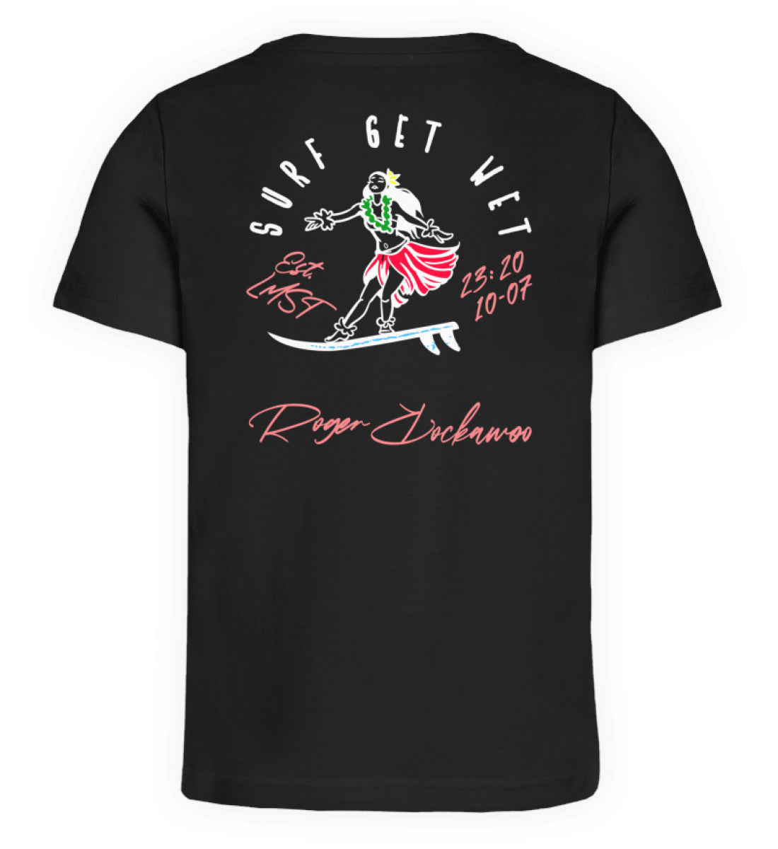 Schwarzes Kinder T-Shirt für Mädchen und Jungen bedruckt mit dem Design der Roger Rockawoo Kollektion Surf Get Wet