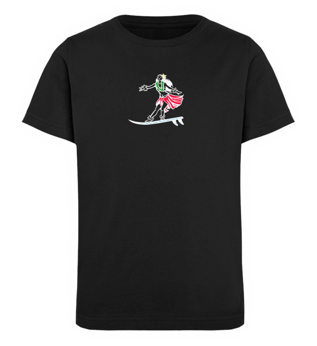 Schwarzes Kinder T-Shirt für Mädchen und Jungen bedruckt mit dem Design der Roger Rockawoo Kollektion Surf Get Wet