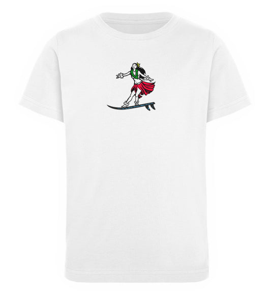 Weißes Kinder T-Shirt für Mädchen und Jungen bedruckt mit dem Design der Roger Rockawoo Kollektion Surf Get Wet