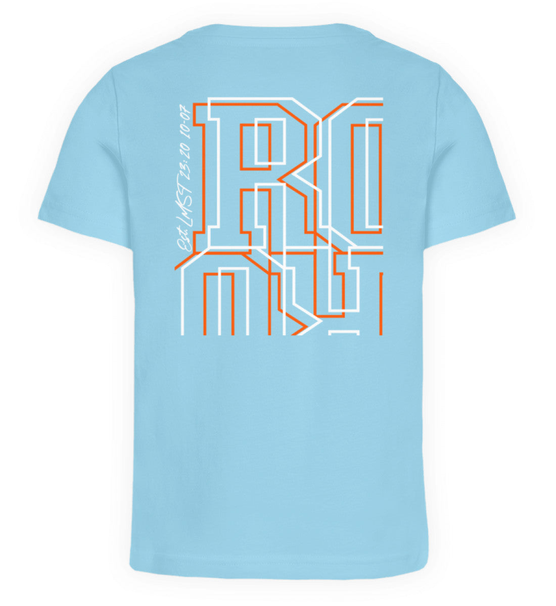 Hellblaues Kinder T-Shirt für Mädchen und Jungen bedruckt mit dem Design der Roger Rockawoo Kollektion Tiny Surfer