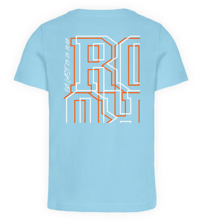 Hellblaues Kinder T-Shirt für Mädchen und Jungen bedruckt mit dem Design der Roger Rockawoo Kollektion Tiny Surfer