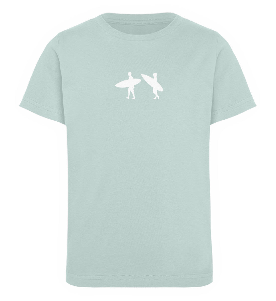Carribean Green farbiges Kinder T-Shirt für Mädchen und Jungen bedruckt mit dem Design der Roger Rockawoo Kollektion Tiny Surfer