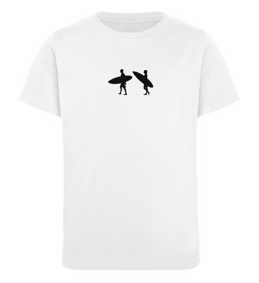 Weißes Kinder T-Shirt für Mädchen und Jungen bedruckt mit dem Design der Roger Rockawoo Kollektion Tiny Surfer