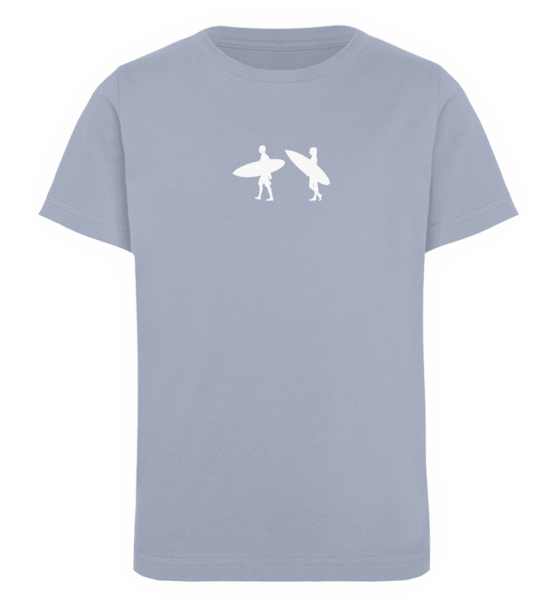 Serene Blue farbiges Kinder T-Shirt für Mädchen und Jungen bedruckt mit dem Design der Roger Rockawoo Kollektion Tiny Surfer