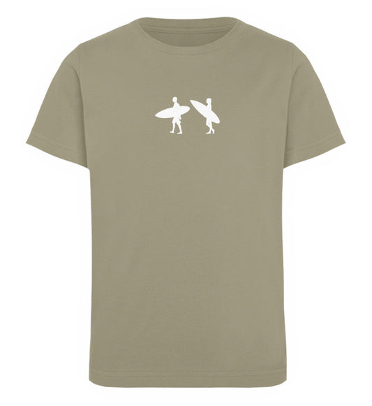 Khaki Kinder T-Shirt für Mädchen und Jungen bedruckt mit dem Design der Roger Rockawoo Kollektion Tiny Surfer