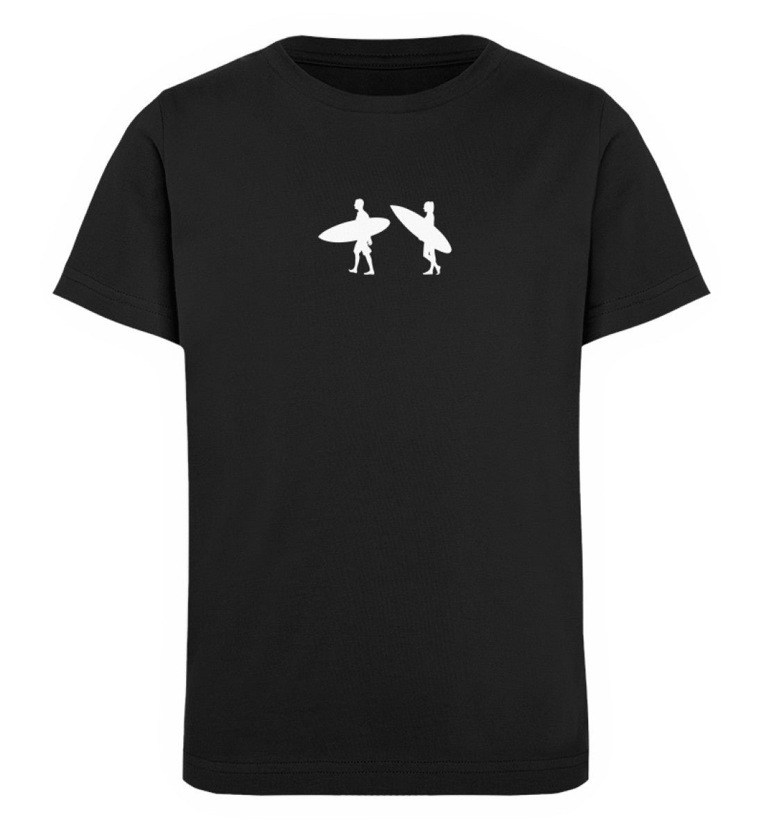 Schwarzes Kinder T-Shirt für Mädchen und Jungen bedruckt mit dem Design der Roger Rockawoo Kollektion Tiny Surfer