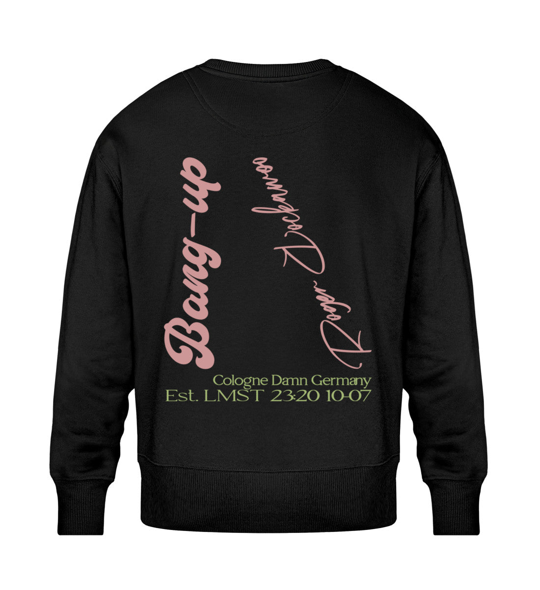 Schwarzes Sweatshirt Unisex für Damen und Herren im Relaxed Fit rückseitig bedruckt in weiß mit Design der Skateboard Bang Up Brain Kollektion und dem Logo Schriftzug von Roger Rockawoo Clothing
