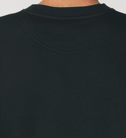 Schwarzes Sweatshirt Unisex für Frauen und Männer bedruckt mit dem Design der Roger Rockawoo Kollektion Guitar Distortion for life