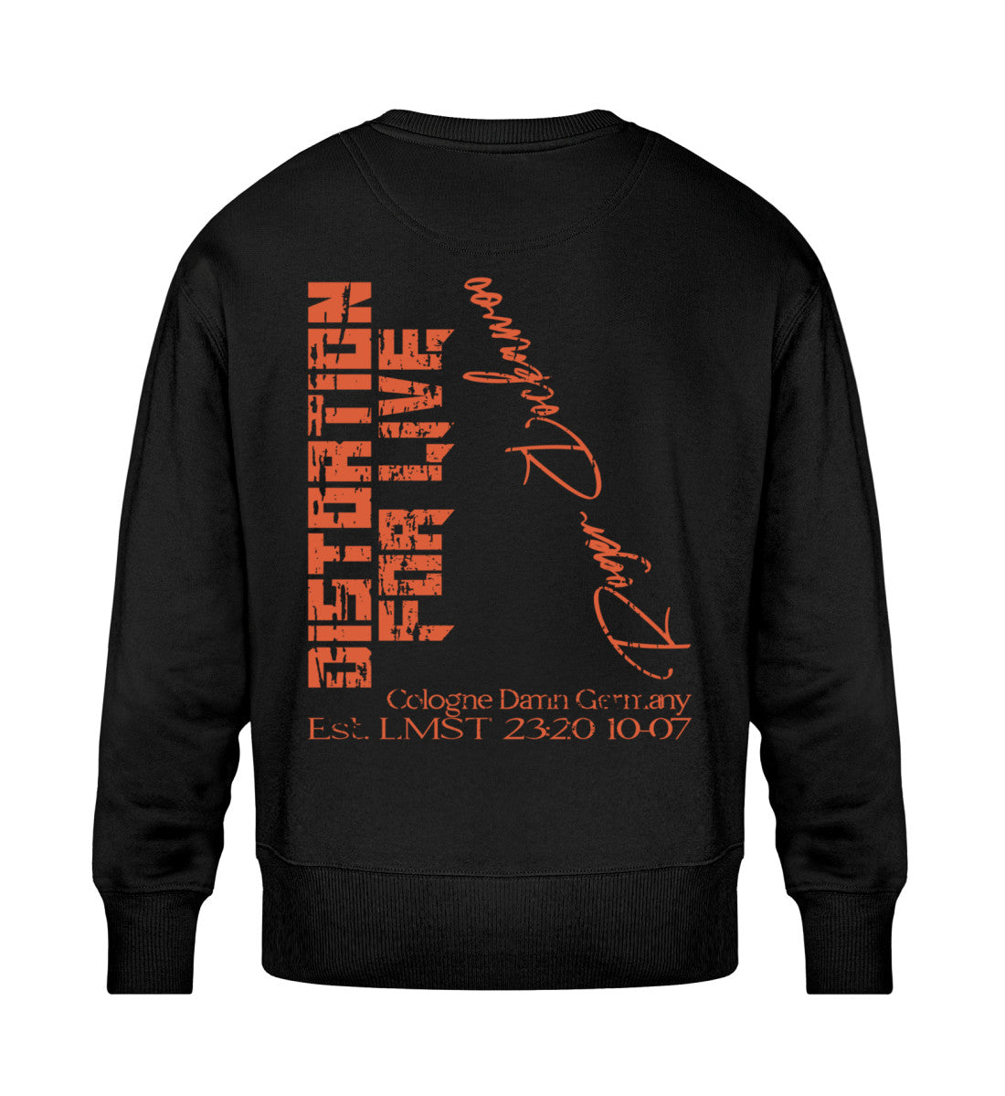 Schwarzes Sweatshirt Unisex für Frauen und Männer bedruckt mit dem Design der Roger Rockawoo Kollektion Guitar Distortion for life