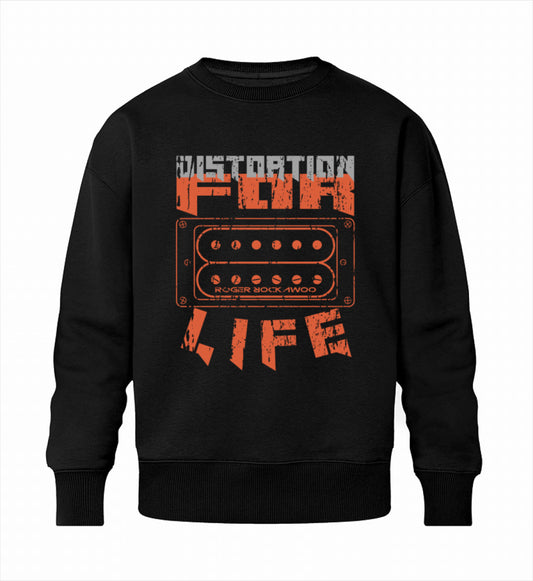Schwarzes Sweatshirt Unisex für Frauen und Männer bedruckt mit dem Design der Roger Rockawoo Kollektion Guitar Distortion for life