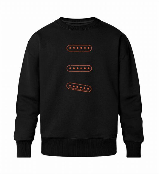 Schwarzes Sweatshirt Unisex für Frauen und Männer bedruckt mit dem Design der Roger Rockawoo Kollektion E-Gitarren Single Coil Set Up