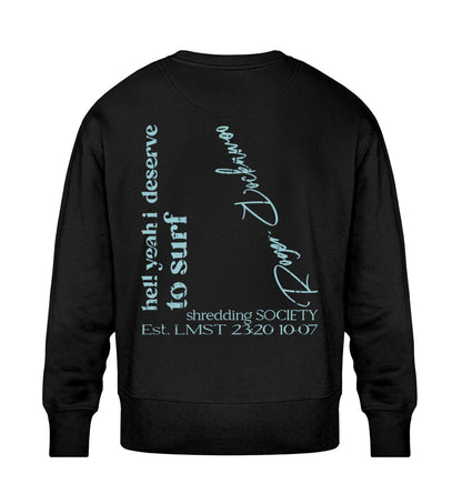 Schwarzes Sweatshirt Unisex für Frauen und Männer bedruckt mit dem Design der Roger Rockawoo Kollektion Hell yeah surf