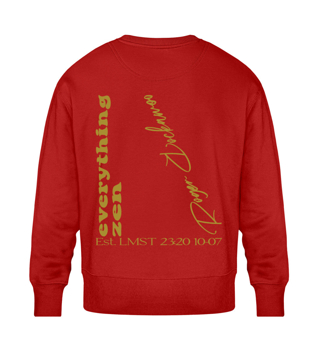 Rotes Sweatshirt Unisex für Frauen und Männer bedruckt mit dem Design der Roger Rockawoo Kollektion Yoga Everything Zen