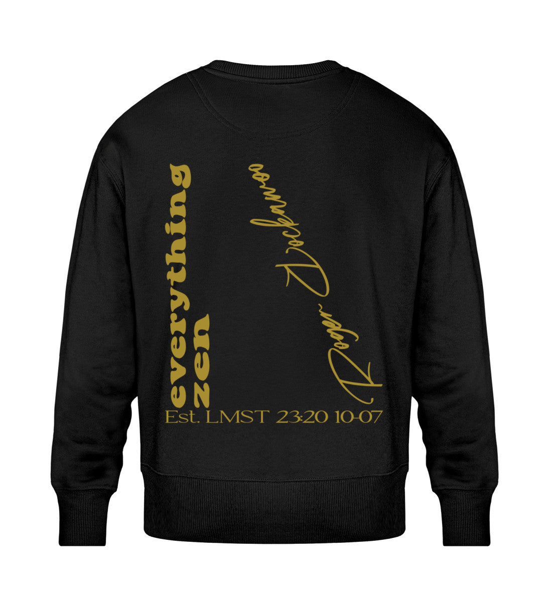 Schwarzes Sweatshirt Unisex für Frauen und Männer bedruckt mit dem Design der Roger Rockawoo Kollektion Yoga Everything Zen