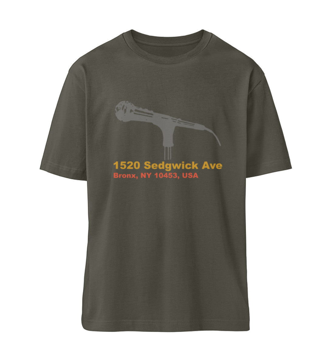 Khaki farbiges T-Shirt Unisex Relaxed Fit für Frauen und Männer bedruckt mit dem Design der Roger Rockawoo Kollektion Hip Hope 1520 Sedgwick Ave