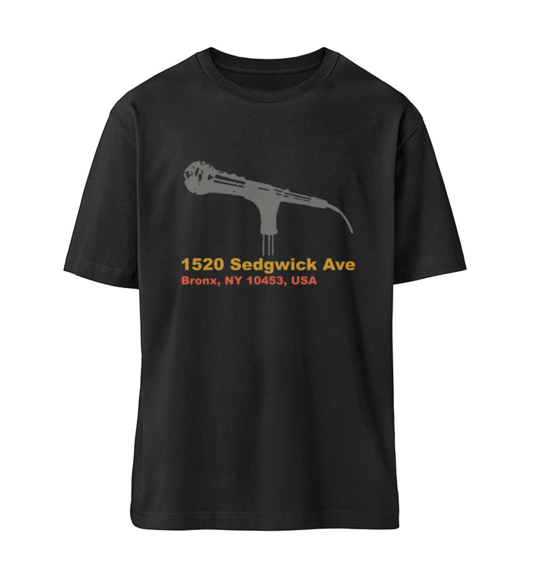 Schwarzes T-Shirt Unisex Relaxed Fit für Frauen und Männer bedruckt mit dem Design der Roger Rockawoo Kollektion Hip Hope 1520 Sedgwick Ave