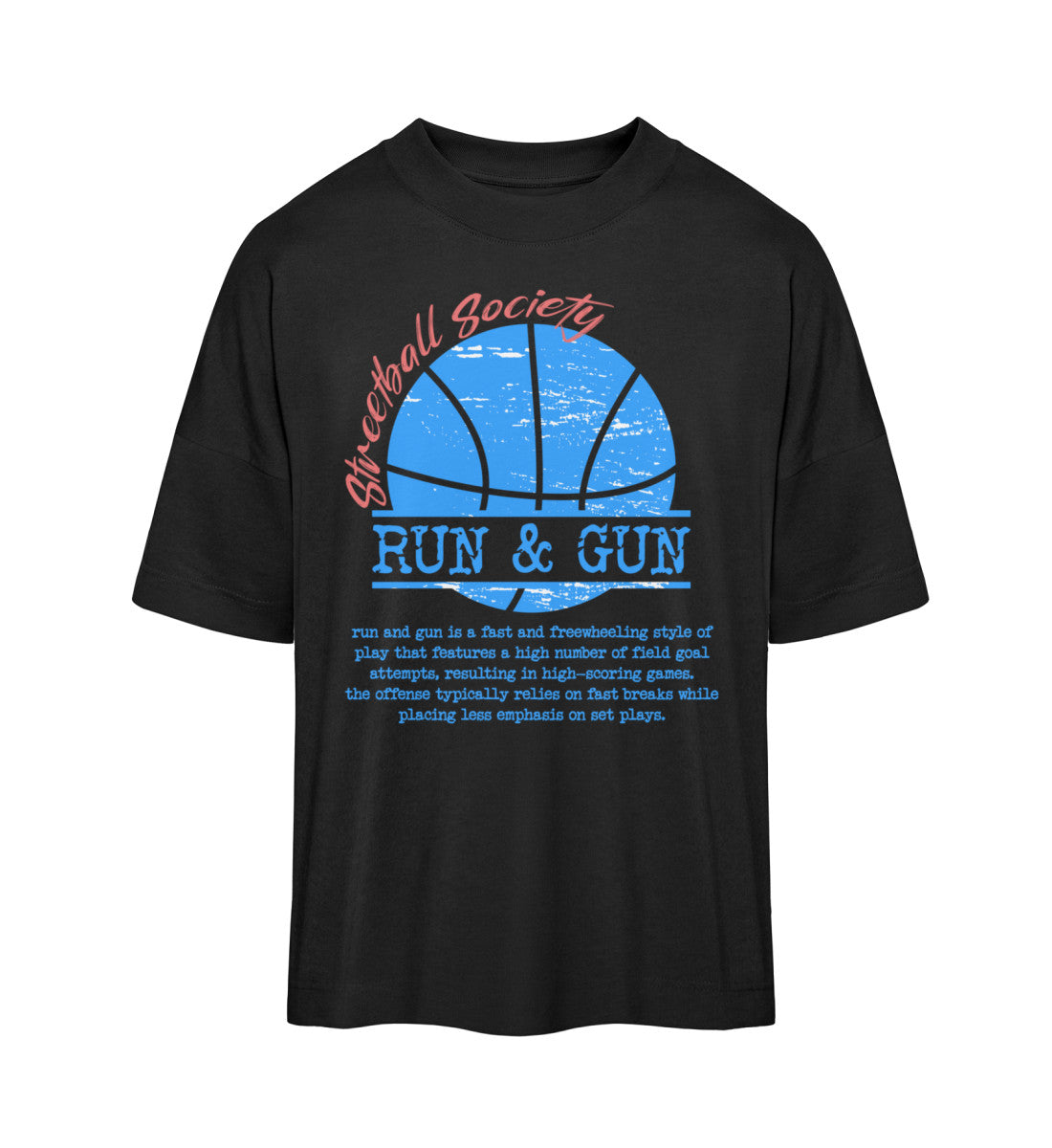 T-Shirt für Damen und Herren Oversize bedruckt mit Print Design Aufdruck der Basketball Run and Gun Collection im Roger Rockawoo Clothing Webstore Schwarz-16