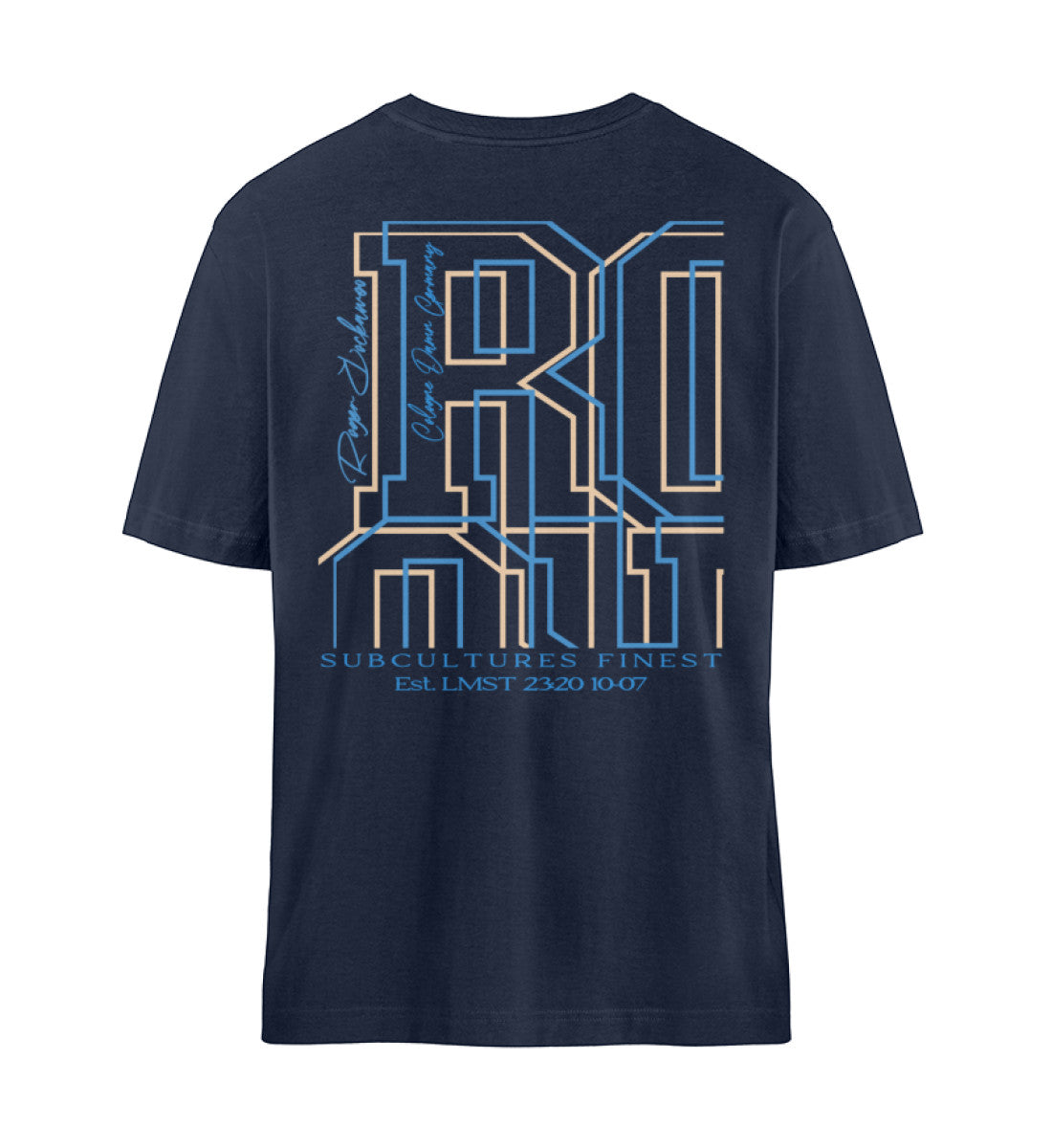 Navy Blue T-Shirt Unisex Relaxed Fit für Frauen und Männer bedruckt mit dem Design der Roger Rockawoo Kollektion and then basketball came along