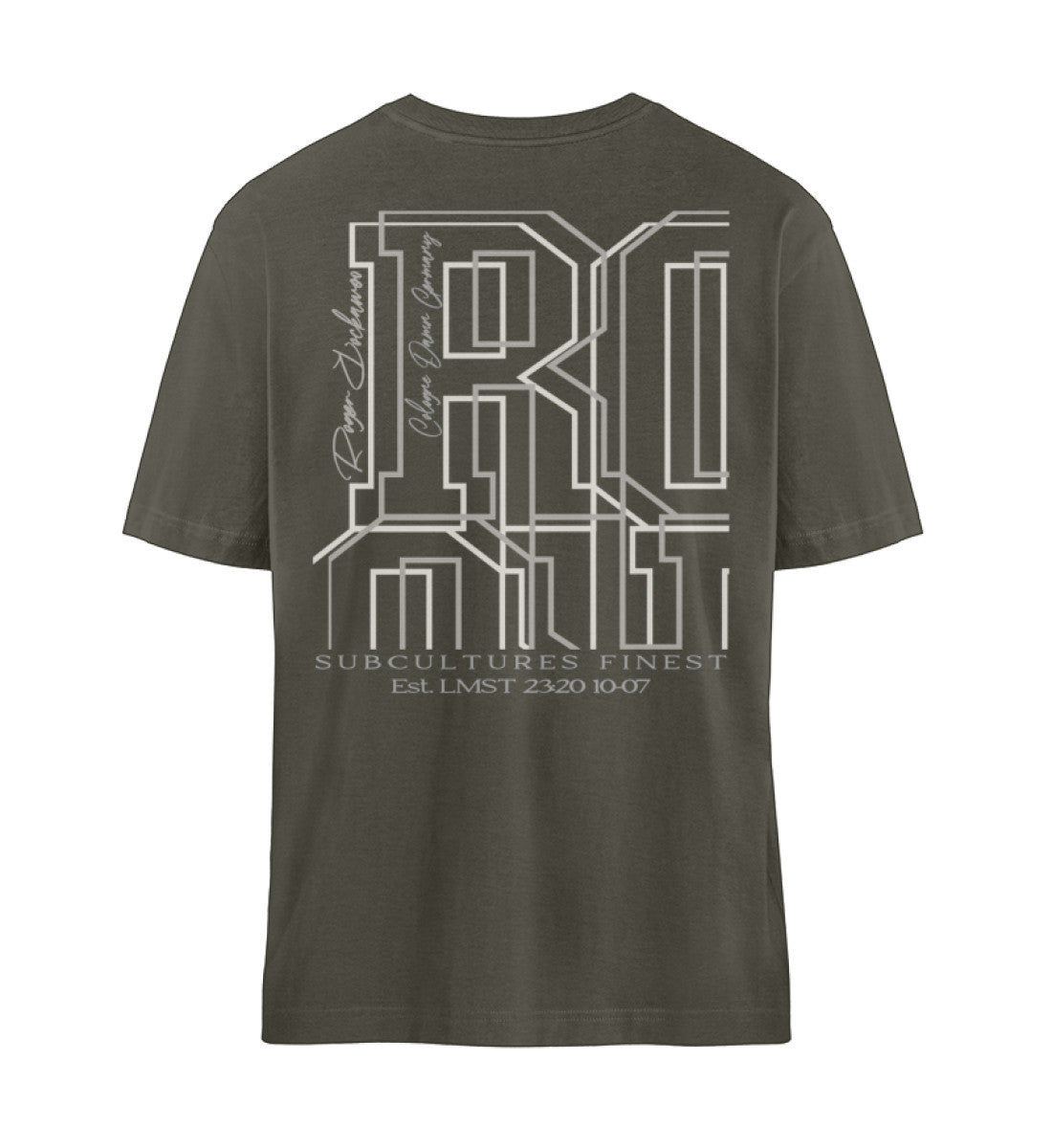 Khaki T-Shirt Unisex Relaxed Fit für Frauen und Männer bedruckt mit dem Design der Roger Rockawoo Kollektion and then metal came along