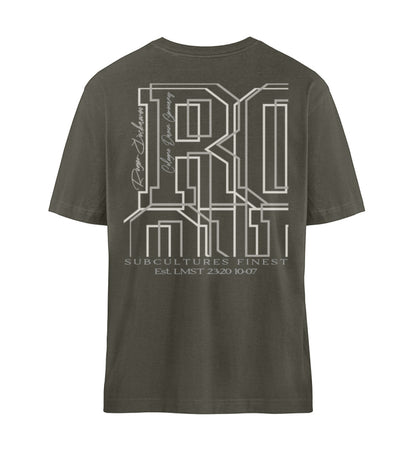 Khaki T-Shirt Unisex Relaxed Fit für Frauen und Männer bedruckt mit dem Design der Roger Rockawoo Kollektion and then metal came along