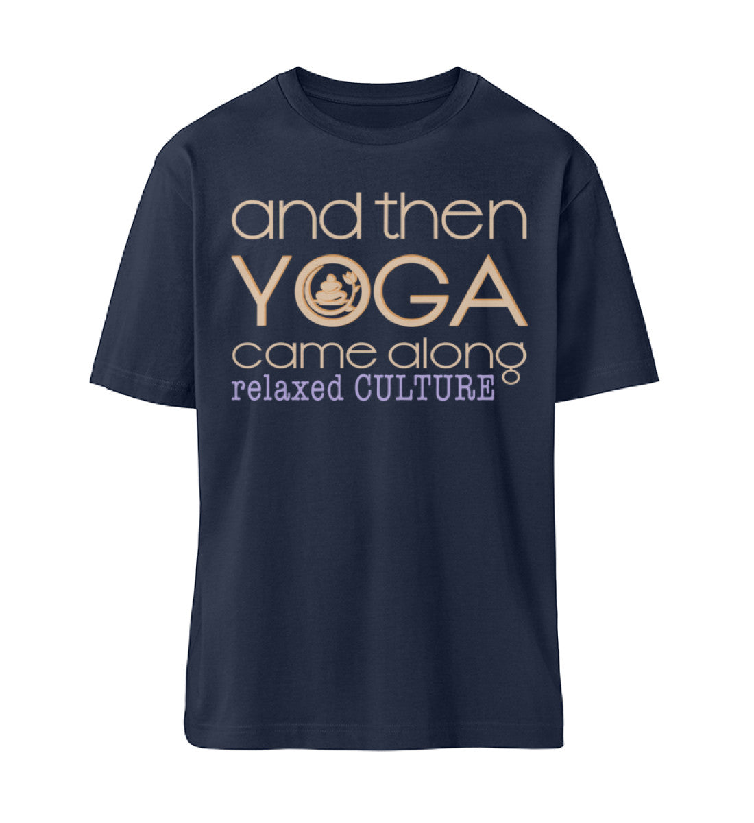 Navy Blue T-Shirt Unisex Relaxed Fit für Frauen und Männer bedruckt mit dem Design der Roger Rockawoo Kollektion and then yoga along
