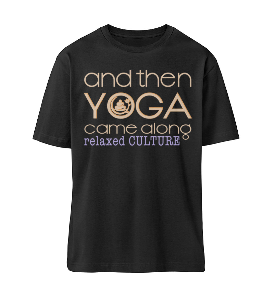 Schwarzes T-Shirt Unisex Relaxed Fit für Frauen und Männer bedruckt mit dem Design der Roger Rockawoo Kollektion and then yoga along