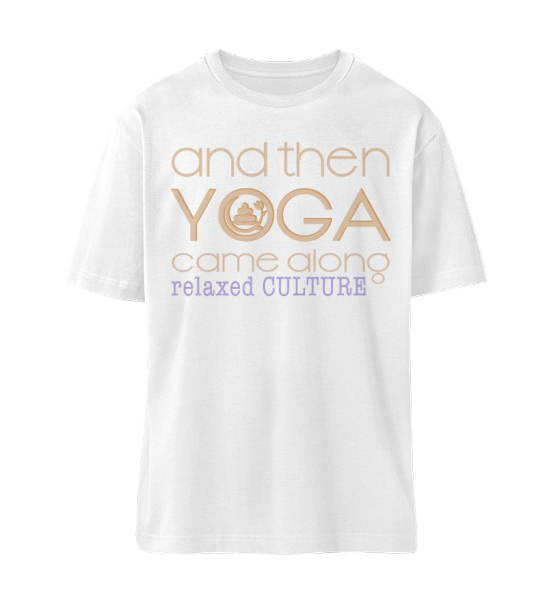 Weißes T-Shirt Unisex Relaxed Fit für Frauen und Männer bedruckt mit dem Design der Roger Rockawoo Kollektion and then yoga along
