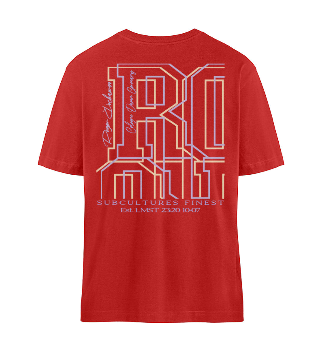 Rotes T-Shirt Unisex Relaxed Fit für Frauen und Männer bedruckt mit dem Design der Roger Rockawoo Kollektion and then yoga along