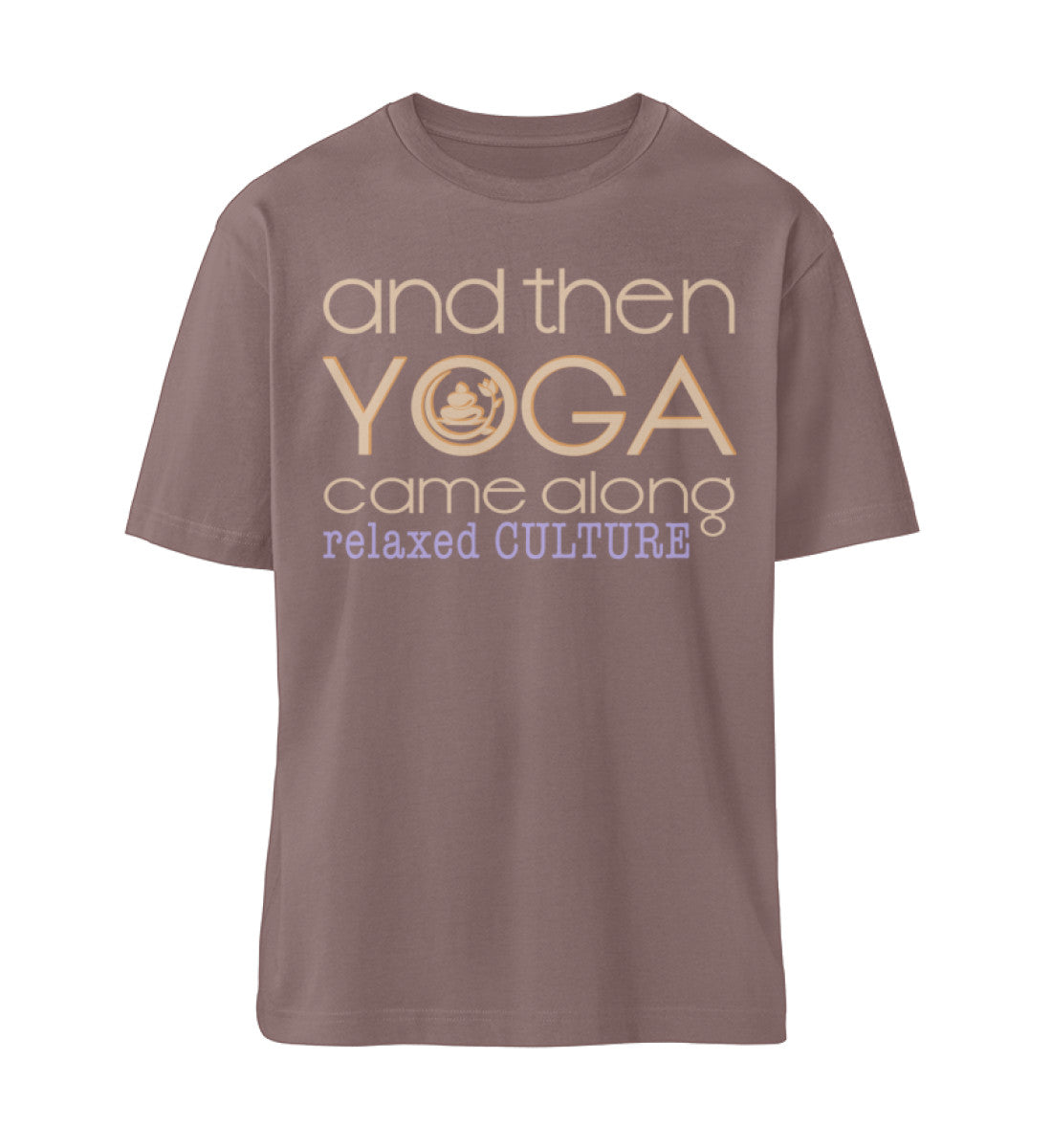 Braunes T-Shirt Unisex Relaxed Fit für Frauen und Männer bedruckt mit dem Design der Roger Rockawoo Kollektion and then yoga along