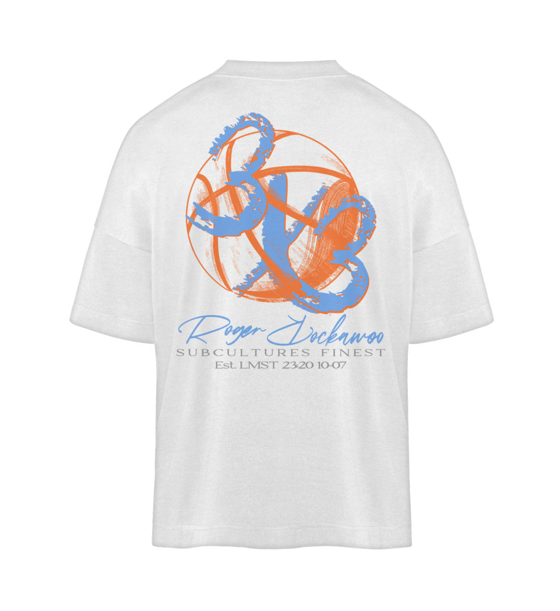 Weißes T-Shirt Unisex Oversize Fit für Frauen und Männer bedruckt mit dem Design der Roger Rockawoo Kollektion Basketball 3X3 Check Ball