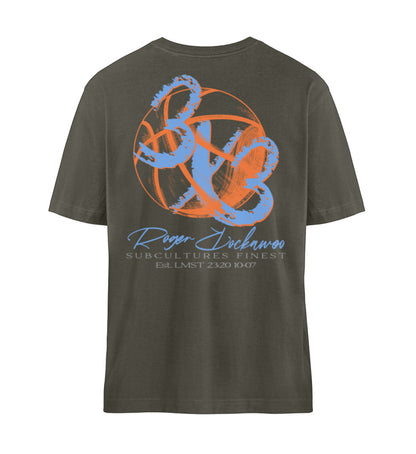 Khaki T-Shirt Unisex Relaxed Fit für Frauen und Männer bedruckt mit dem Design der Roger Rockawoo Kollektion Basketball 3X3 Check Ball