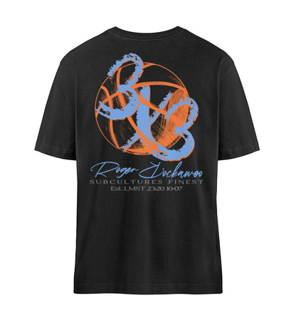 Schwarzes T-Shirt Unisex Relaxed Fit für Frauen und Männer bedruckt mit dem Design der Roger Rockawoo Kollektion Basketball 3X3 Check Ball