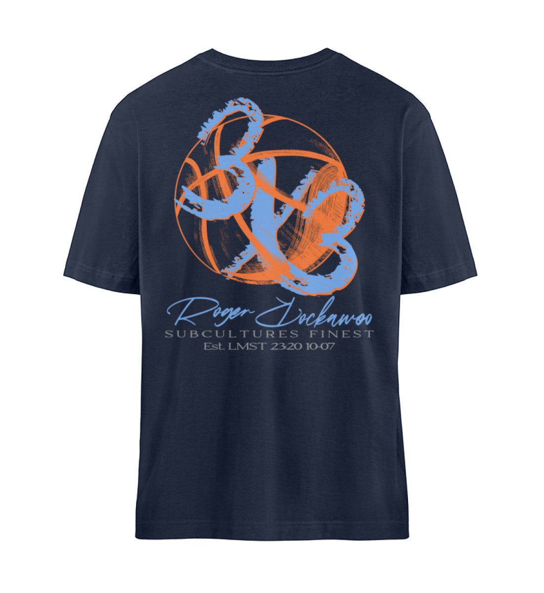 French Navy Blue T-Shirt Unisex Relaxed Fit für Frauen und Männer bedruckt mit dem Design der Roger Rockawoo Kollektion Basketball 3X3 Check Ball