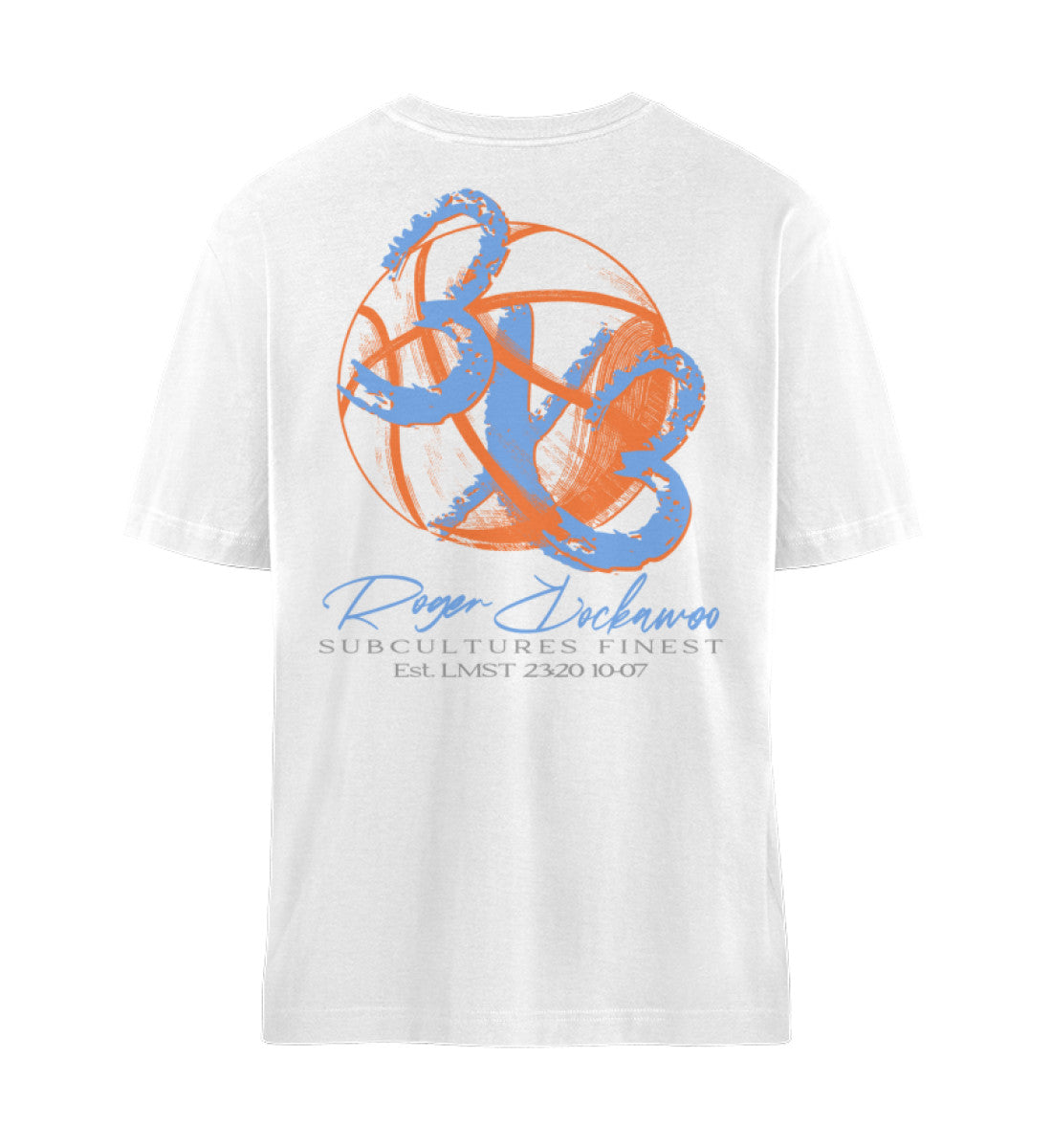 Weißes Navy Blue T-Shirt Unisex Relaxed Fit für Frauen und Männer bedruckt mit dem Design der Roger Rockawoo Kollektion Basketball 3X3 Check Ball