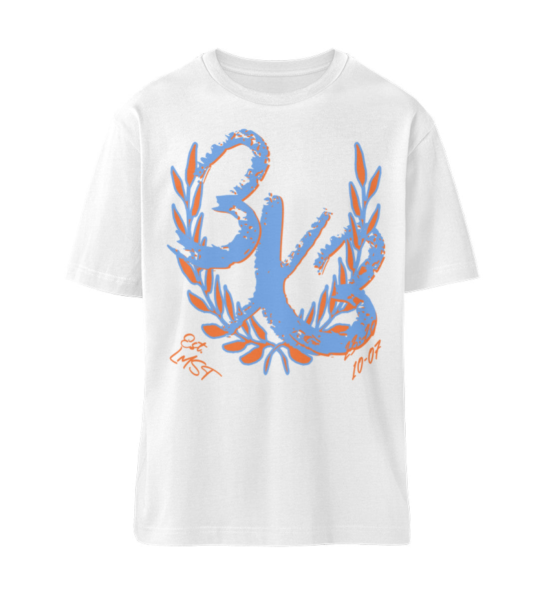 Weißes Navy Blue T-Shirt Unisex Relaxed Fit für Frauen und Männer bedruckt mit dem Design der Roger Rockawoo Kollektion Basketball 3X3 Check Ball