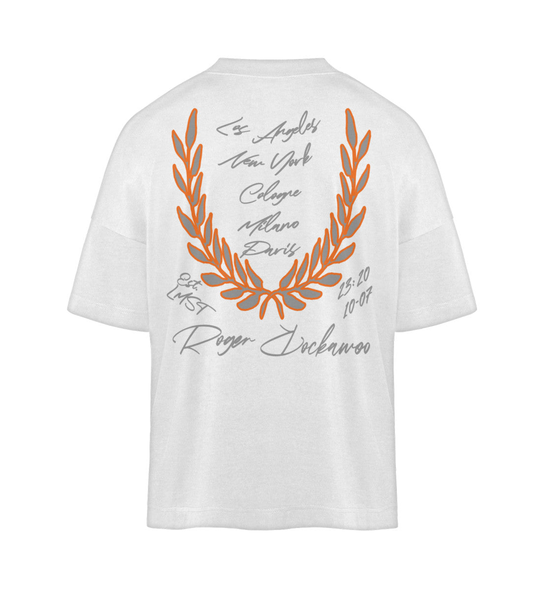 Weißes T-Shirt Damen Herren Unisex mit Print Design der Basketball Downtown Kollektion von Roger Rockawoo Clothing