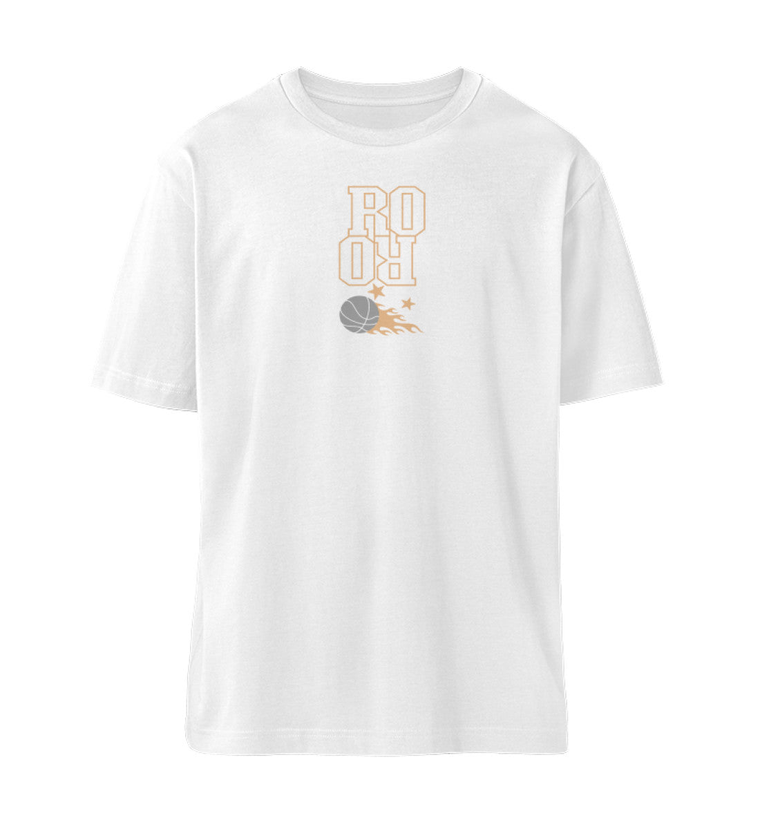 Weißes T-Shirt Unisex Relaxed Fit für Frauen und Männer bedruckt mit dem Design der Roger Rockawoo Kollektion Basketball Streetball Buzzer Beater