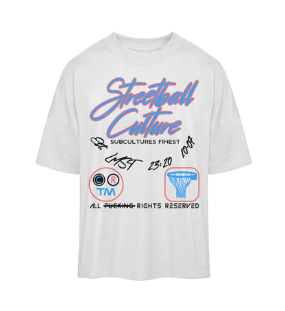 Weißes T-Shirt Unisex Oversize Fit für Frauen und Männer bedruckt mit dem Design der Roger Rockawoo Kollektion Basketball Buzzer Beater Streetball