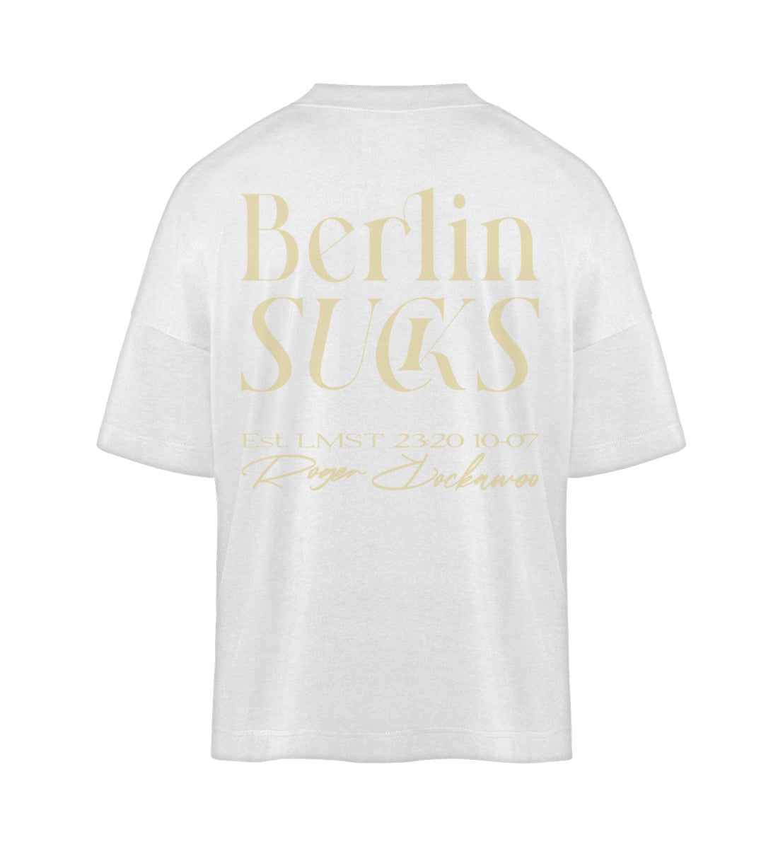 Weißes T-Shirt Unisex Oversize für Damen und Herren rückseitig großflächig in weiß bedruckt mit dem Design Schriftzug der Berlin Kollektion und dem Logo Schriftzug von Roger Rockawoo Clothing