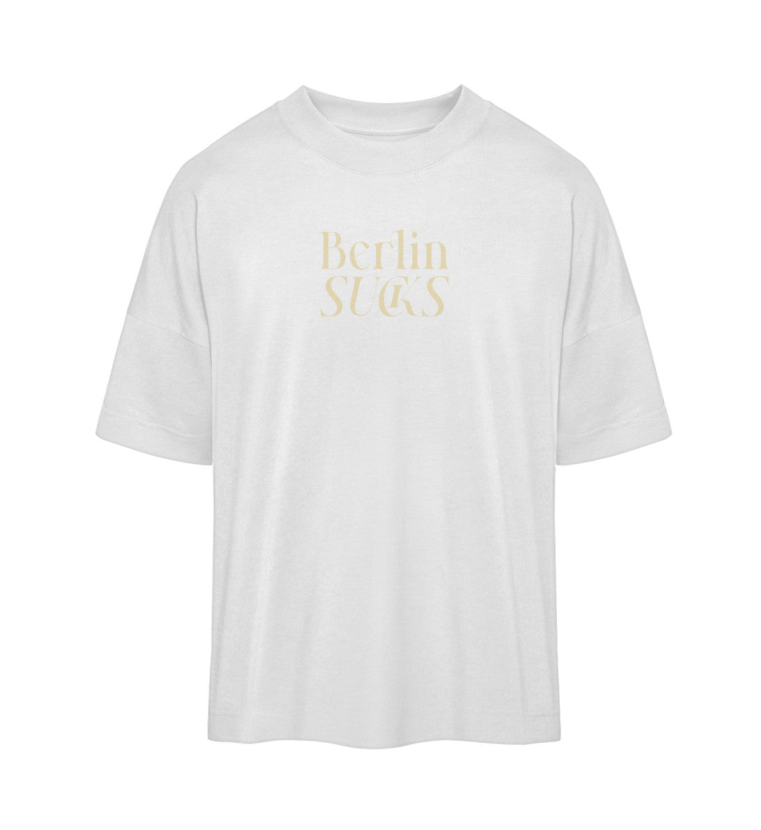 Weißes T-Shirt Unisex Oversize für Damen und Herren rückseitig großflächig in weiß bedruckt mit dem Design Schriftzug der Berlin Kollektion und dem Logo Schriftzug von Roger Rockawoo Clothing