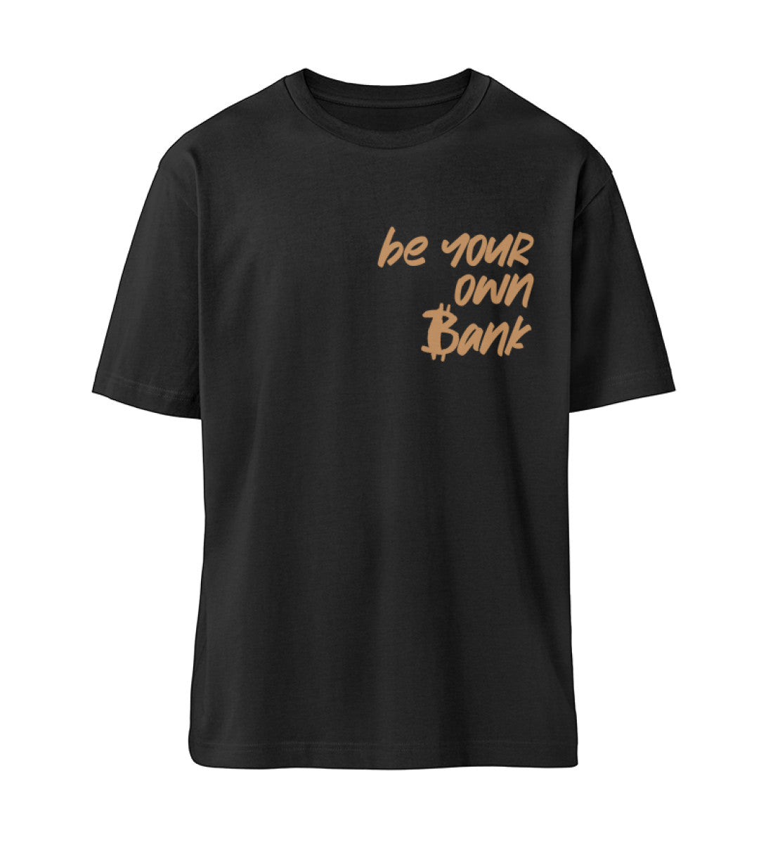 Schwarzes T-Shirt Unisex Relaxed Fit für Frauen und Männer bedruckt mit dem Design der Roger Rockawoo Kollektion Bitcoin be your own bank