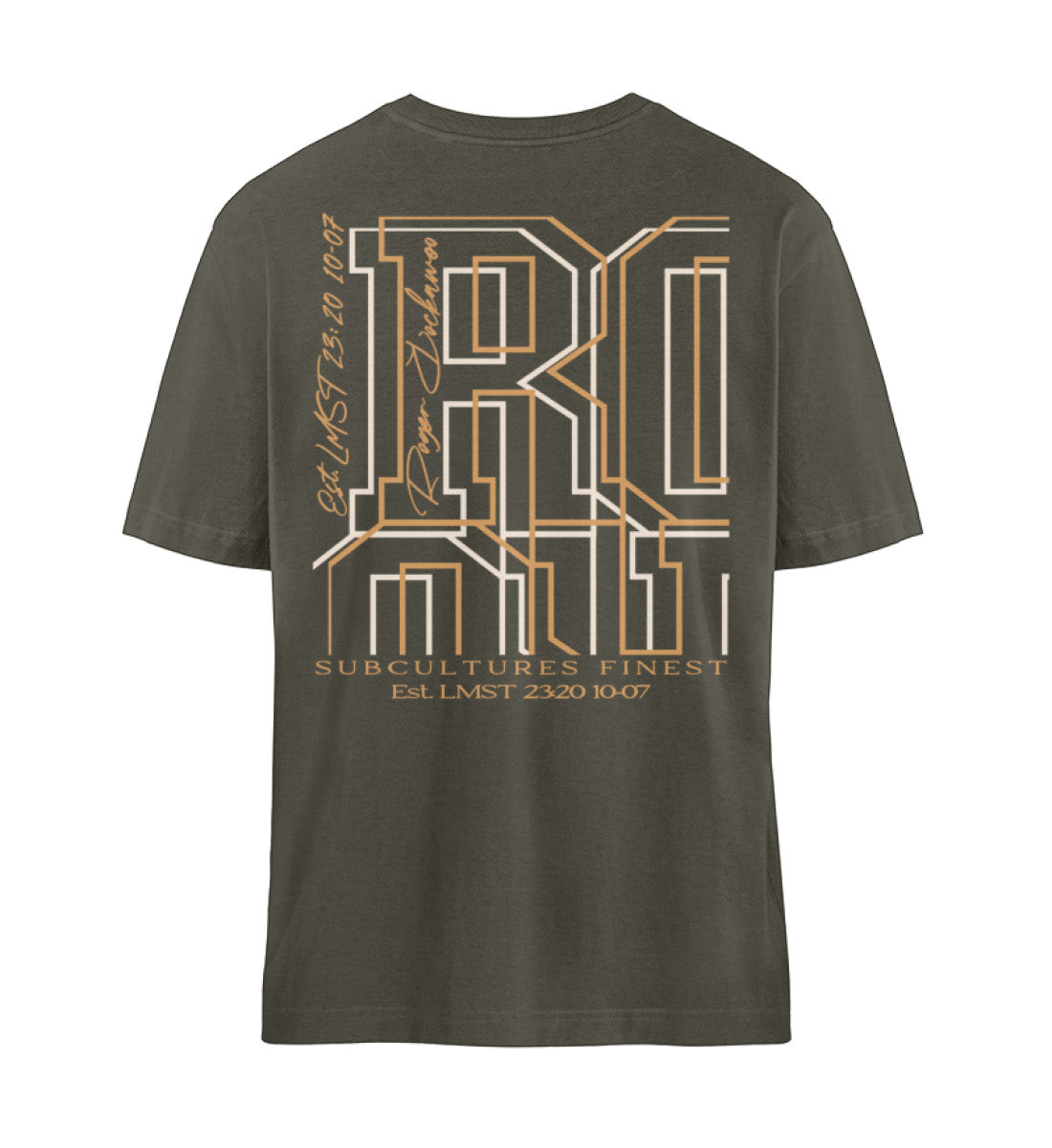 Khaki T-Shirt Unisex Relaxed Fit für Frauen und Männer bedruckt mit dem Design der Roger Rockawoo Kollektion Bitcoin be your own bank