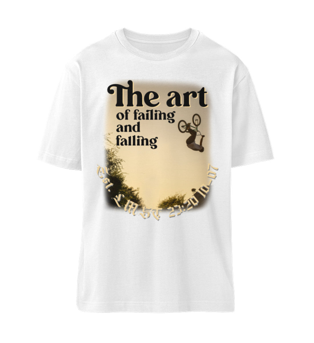 Weißes T-Shirt Unisex Relaxed Fit für Frauen und Männer bedruckt mit dem Design der Roger Rockawoo Kollektion BMX the art of failing and falling