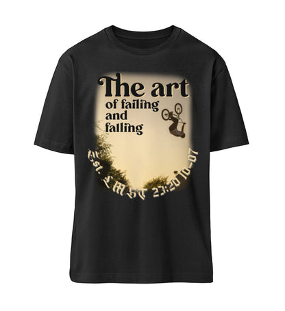 Schwarzes T-Shirt Unisex Relaxed Fit für Frauen und Männer bedruckt mit dem Design der Roger Rockawoo Kollektion BMX the art of failing and falling