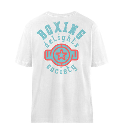 Weißes T-Shirt Unisex Relaxed Fit für Frauen und Männer bedruckt mit dem Design der Roger Rockawoo Clothing Kollektion Boxing delights society